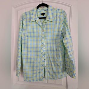 Talbots Top Shirt Womens L Petite Blue Yellow Plaid Button Down Casual Career